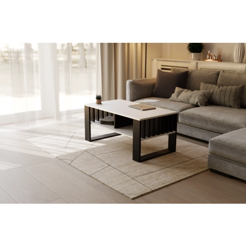 Stolik kawowy ST14 BIA z lamelami Ława Biały/Czarny z półką loft